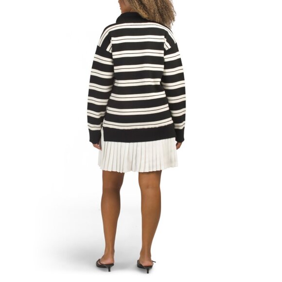 ENGLISH FACTORY Black/cream Striped Polo Mixed Media Mini Dress - Picture 2 of 2